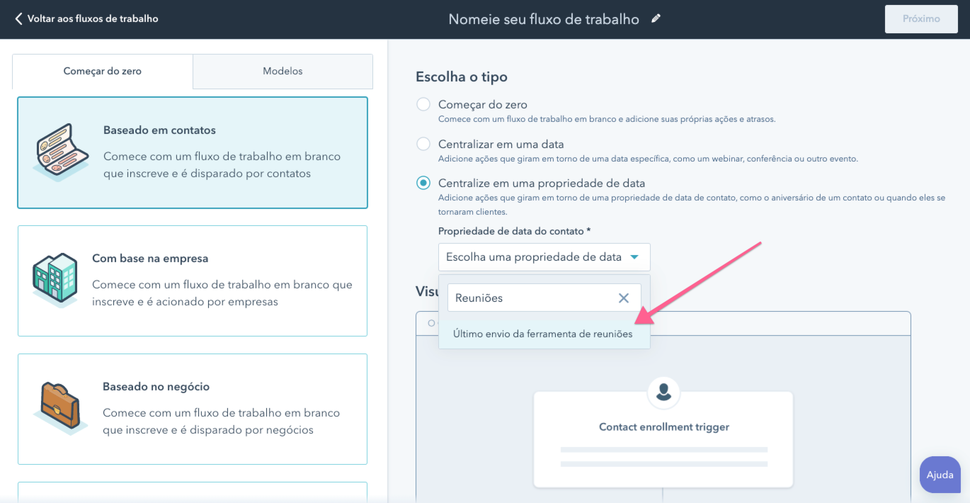 durante-a-criacao-de-workflow-fluxo-de-trabalho-no-hubspot-escolha-o-tipo-crentralizado-por-data